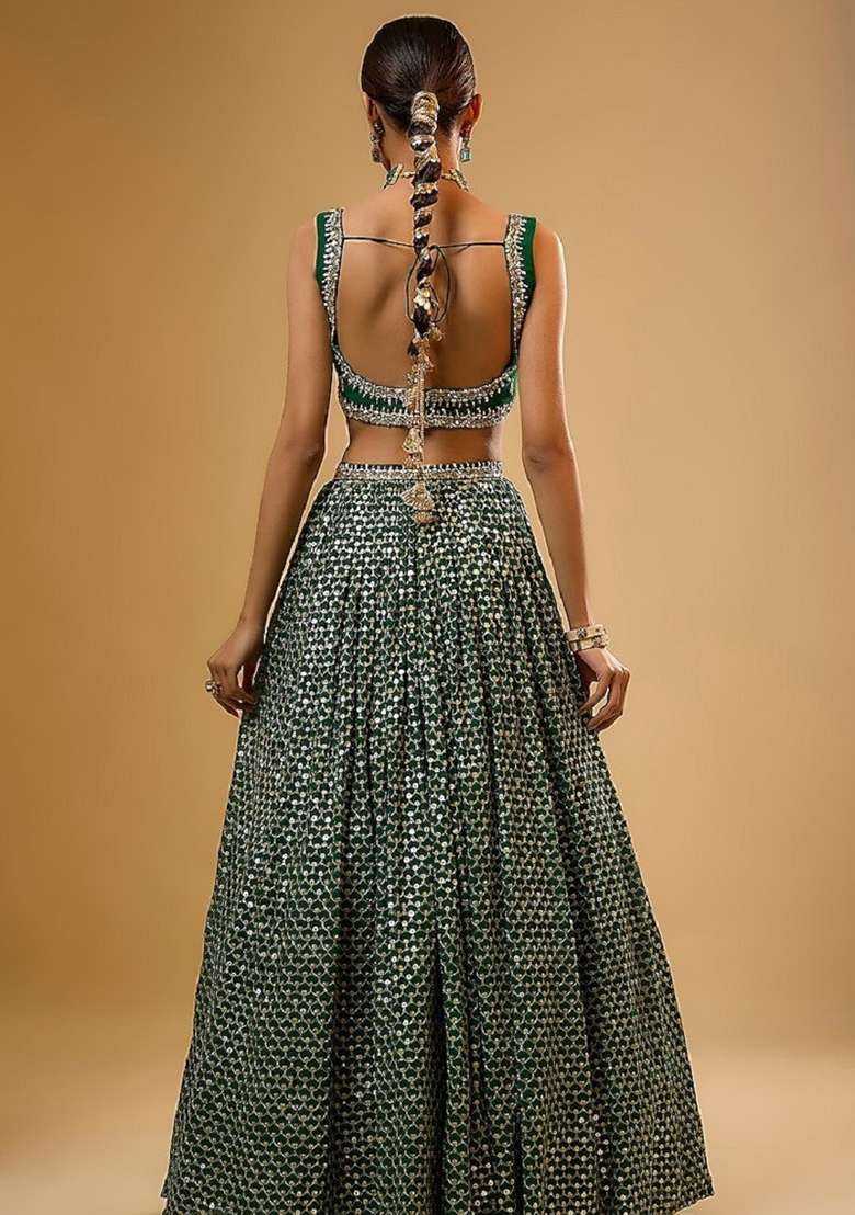Green Embroidery Georgette Lehenga Set for Diwali and Festive Wear - Indya