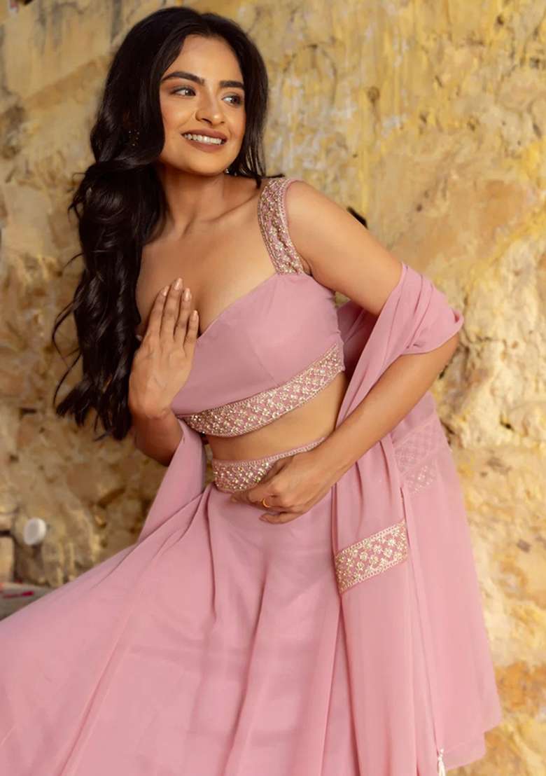Pink Plain Georgette Lehenga Set for Diwali and Festive Wear - Indya