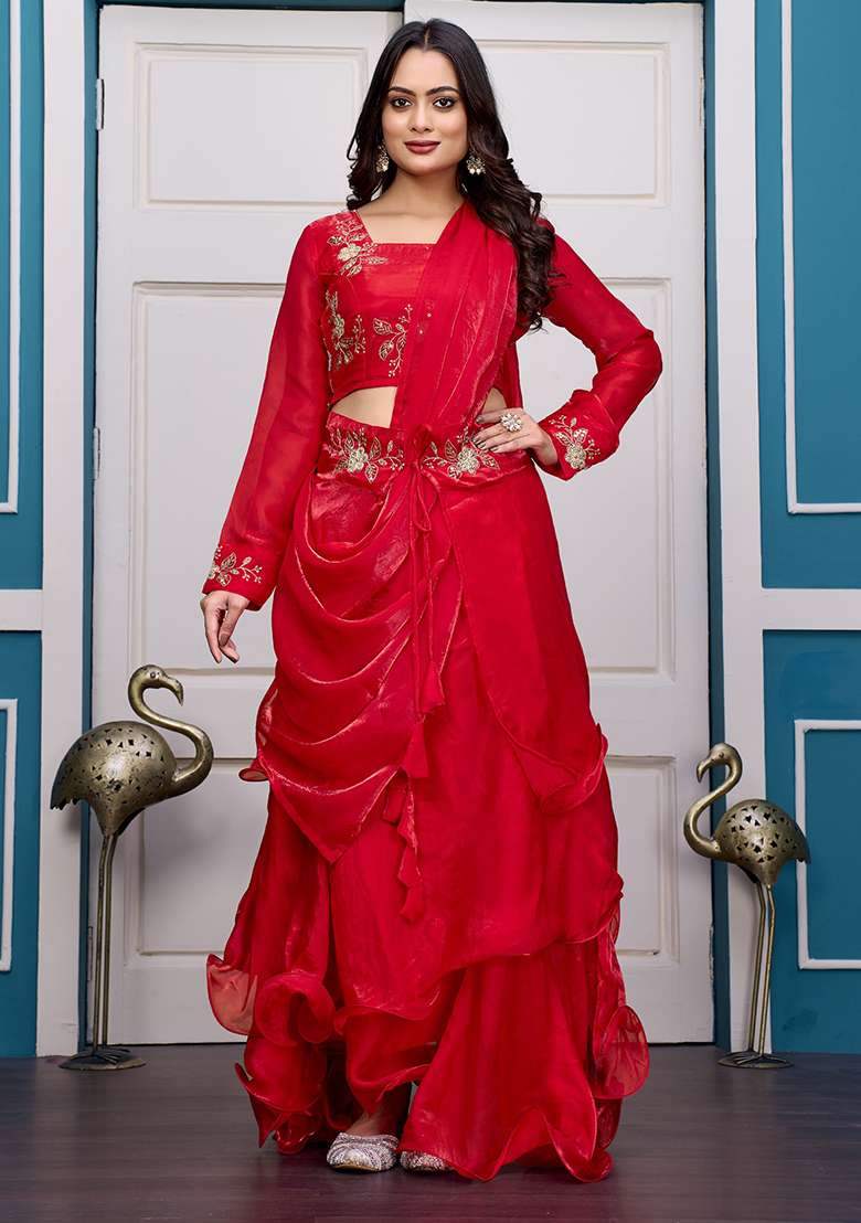 Magenta Silk Blend Lehenga Set with Embroidery for Diwali | Wedding & Festive Wear - Indya