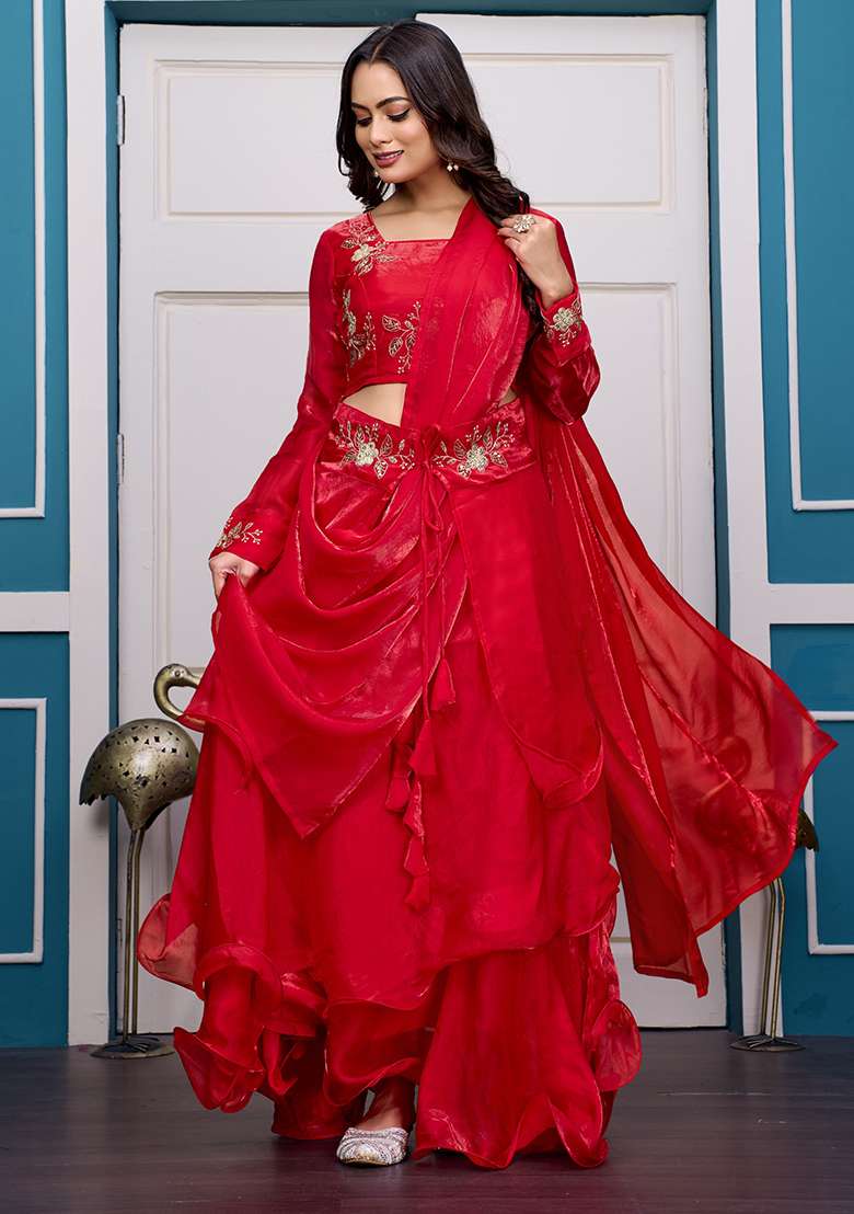 Magenta Silk Blend Lehenga Set with Embroidery for Diwali | Wedding & Festive Wear - Indya