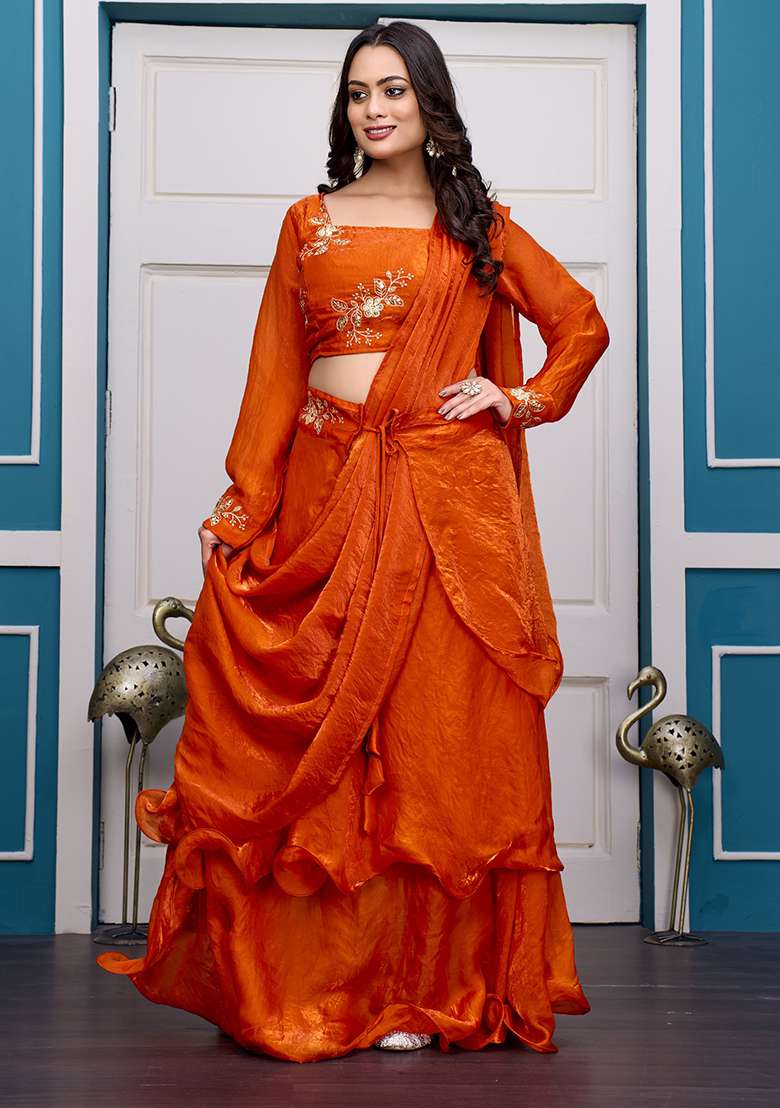 Orange Embroidery Silk Blend Lehenga Set for Diwali and Festive Wear - Indya