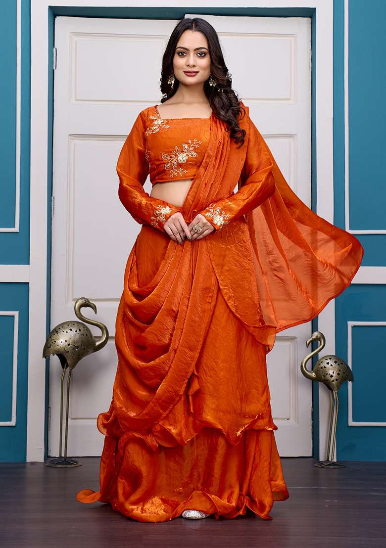 Orange Embroidery Silk Blend Lehenga Set for Diwali and Festive Wear - Indya