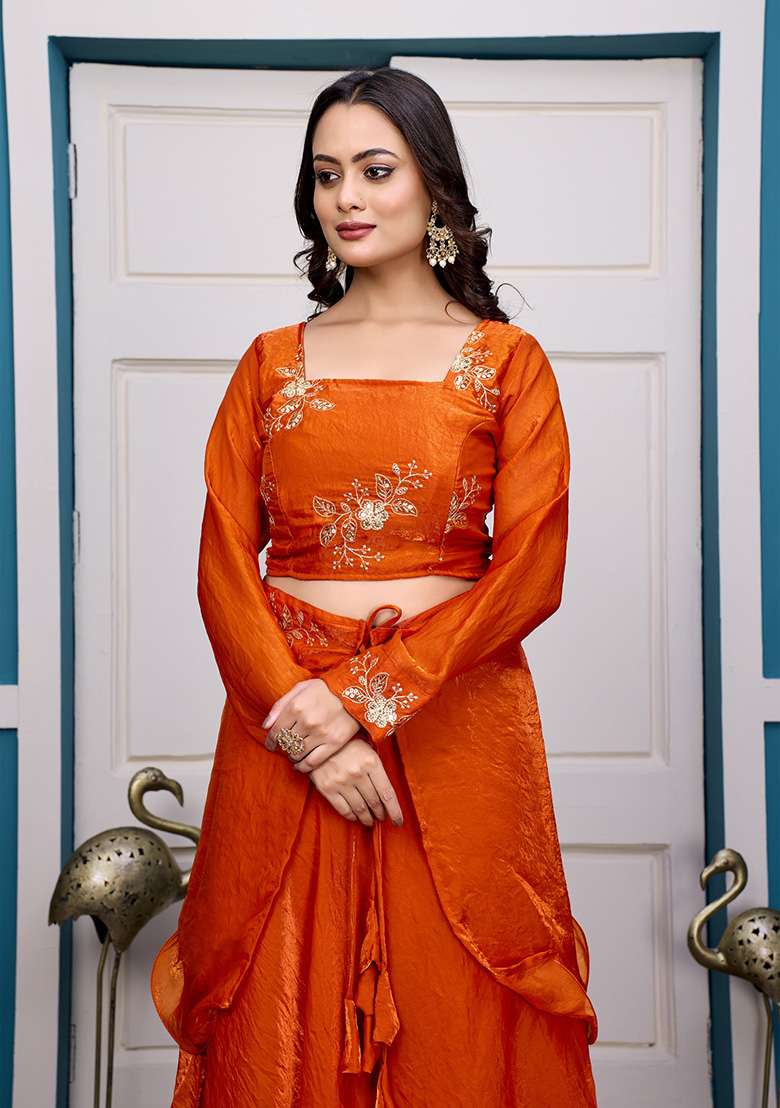 Orange Embroidery Silk Blend Lehenga Set for Diwali and Festive Wear - Indya
