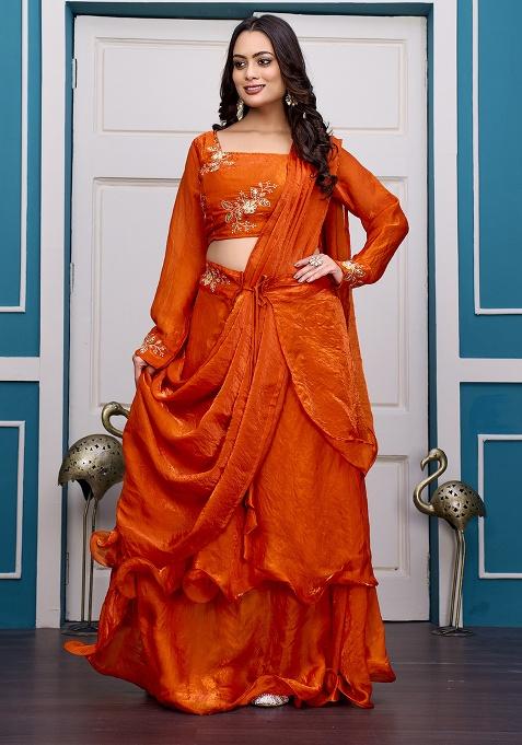 Orange Embroidery Silk Lehenga Set