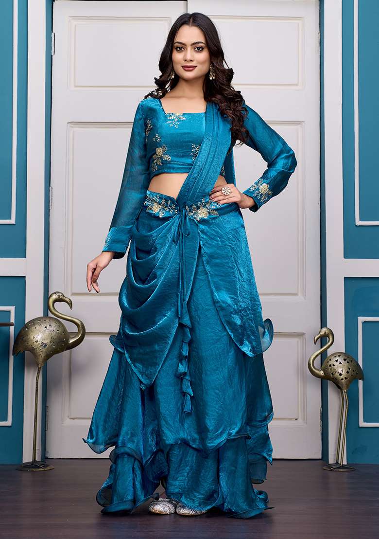 Teal Blue Embroidery Silk Blend Lehenga Set - Indya