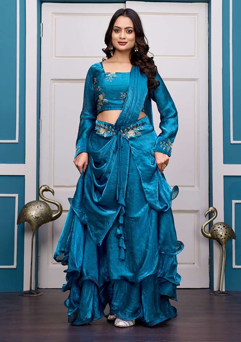 Teal Blue Embroidery Silk Blend Lehenga Set - Indya