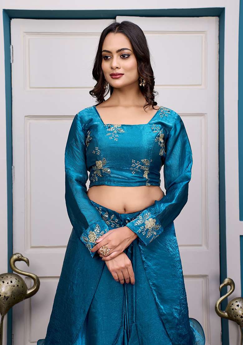 Teal Blue Embroidery Silk Blend Lehenga Set - Indya