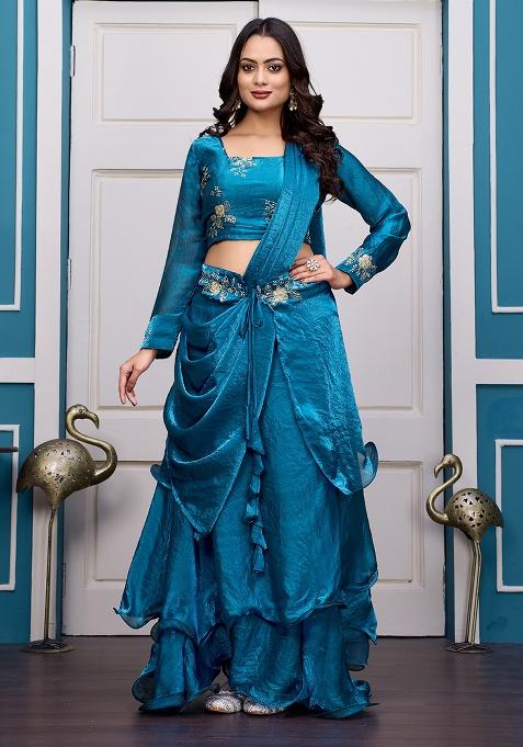 Teal Blue Embroidery Silk Lehenga Set