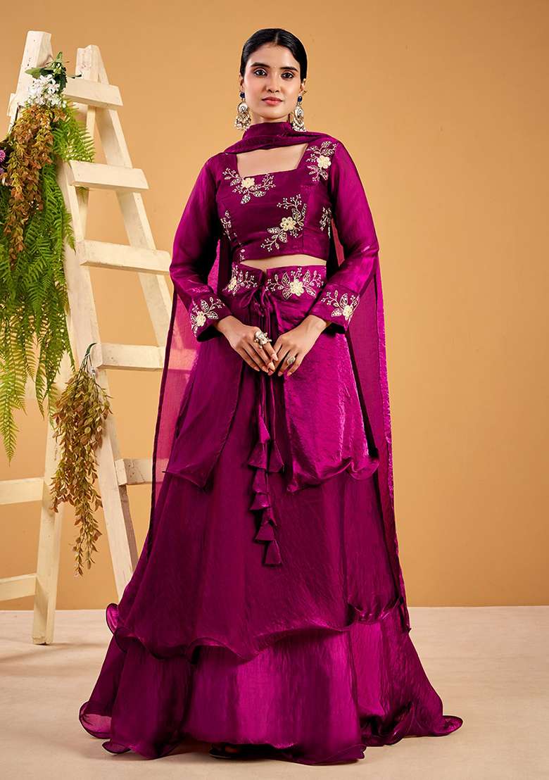 Wine Silk Blend Lehenga Set with Embroidery for Diwali | Wedding & Festive Wear - Indya
