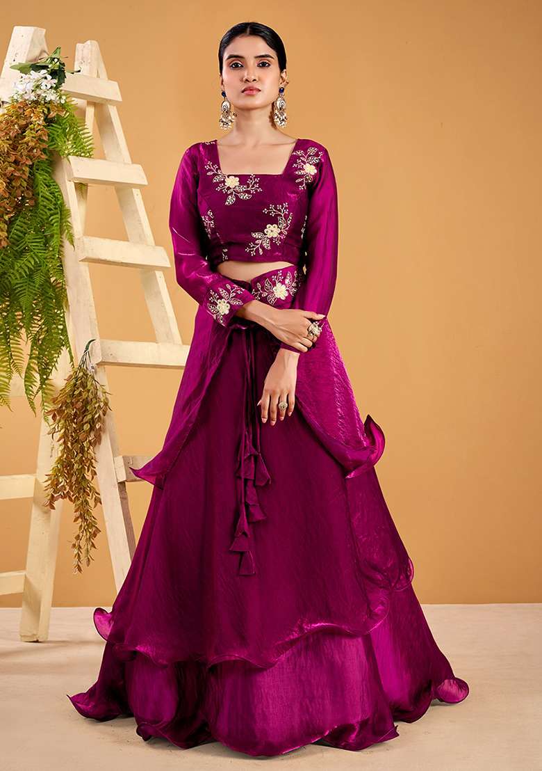 Wine Silk Blend Lehenga Set with Embroidery for Diwali | Wedding & Festive Wear - Indya