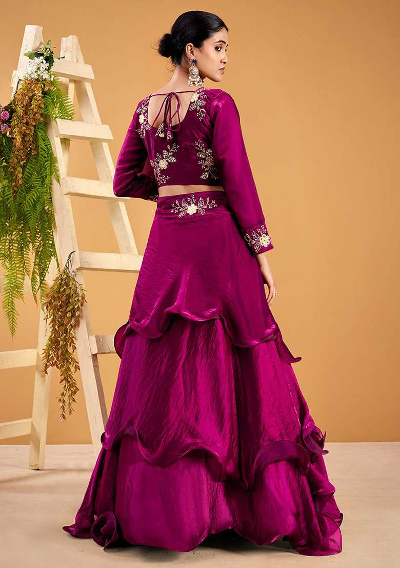 Wine Silk Blend Lehenga Set with Embroidery for Diwali | Wedding & Festive Wear - Indya
