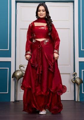 Maroon Embroidery Silk Lehenga Set
