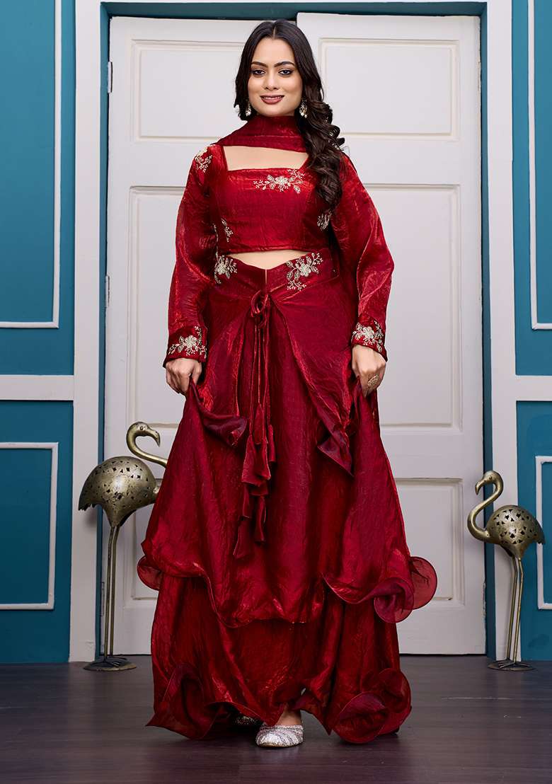 Maroon Embroidery Silk Blend Lehenga Set for Diwali and Festive Wear - Indya