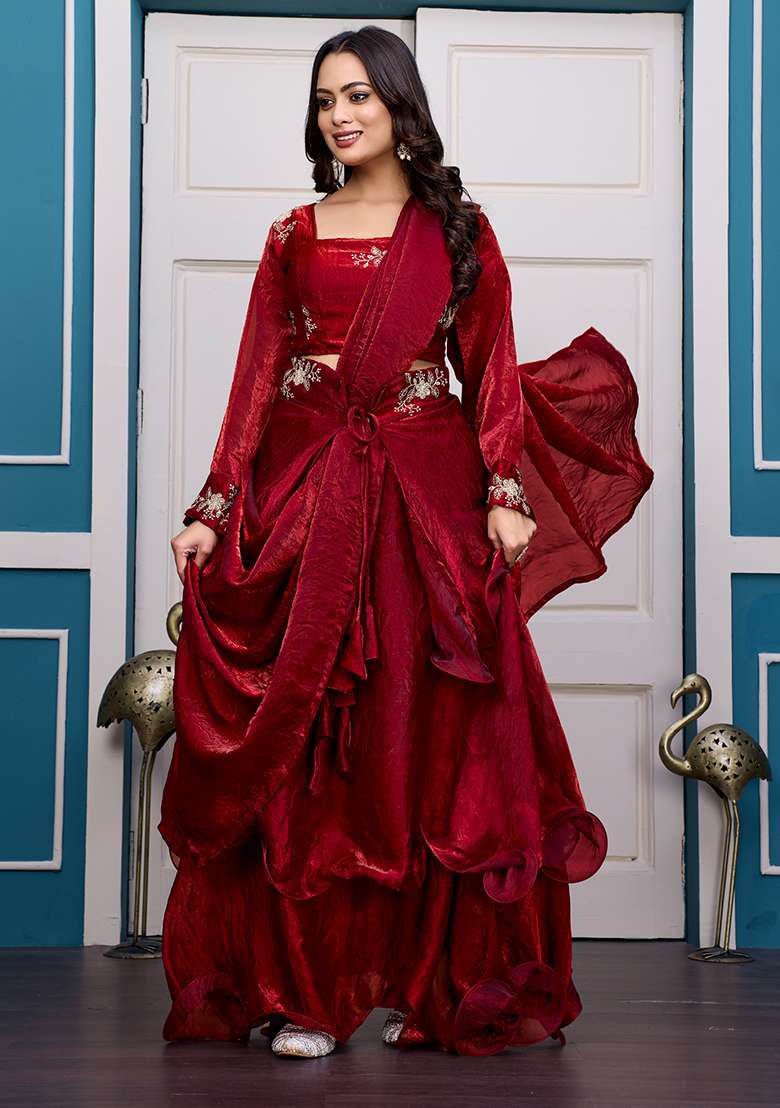 Maroon Embroidery Silk Blend Lehenga Set for Diwali and Festive Wear - Indya