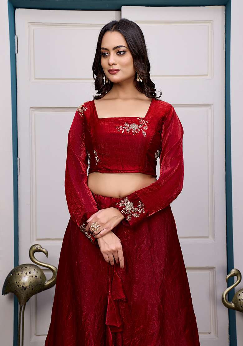 Maroon Embroidery Silk Blend Lehenga Set for Diwali and Festive Wear - Indya