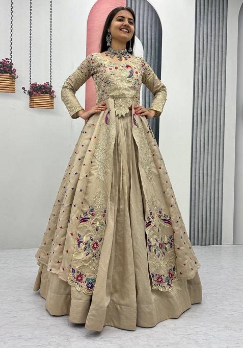 Cream Embroidery Silk Lehenga Set