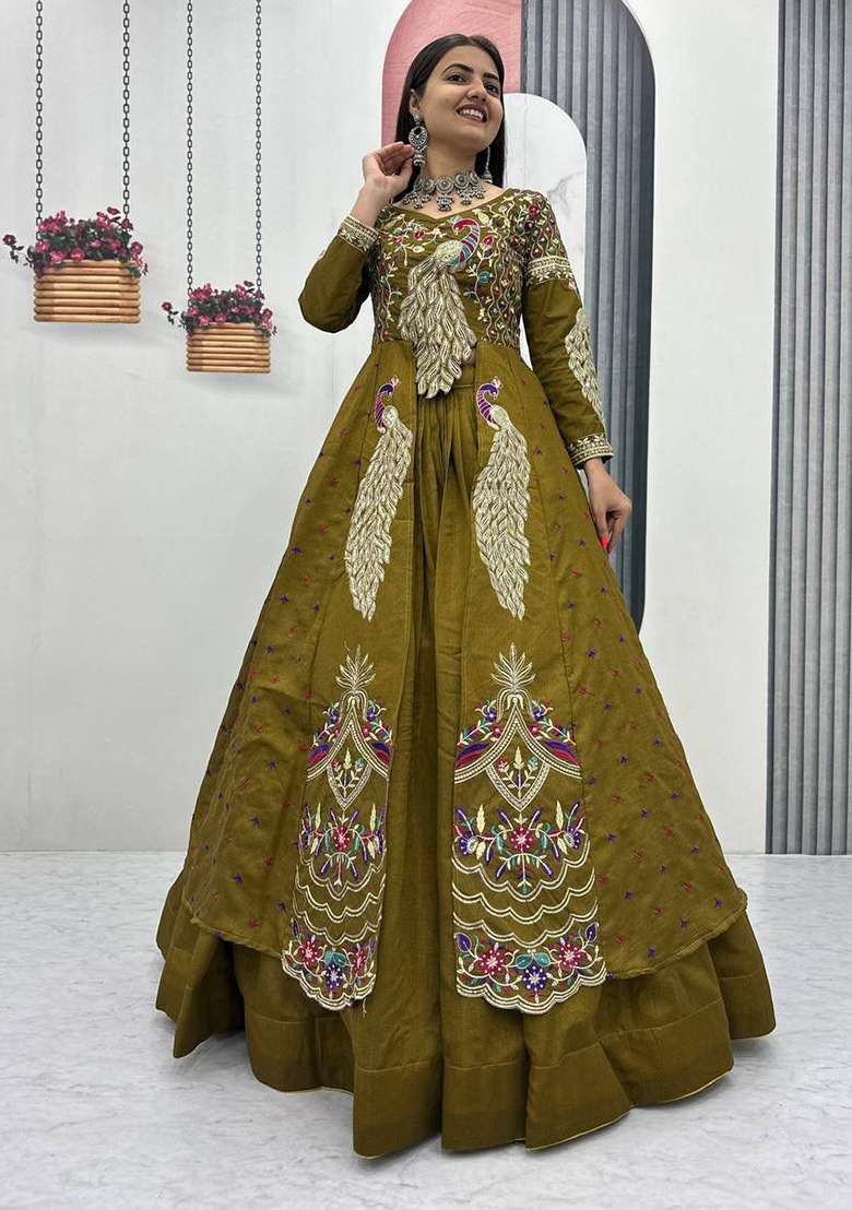 Mehendi Embroidery Silk Blend Lehenga Set for Diwali and Festive Wear - Indya