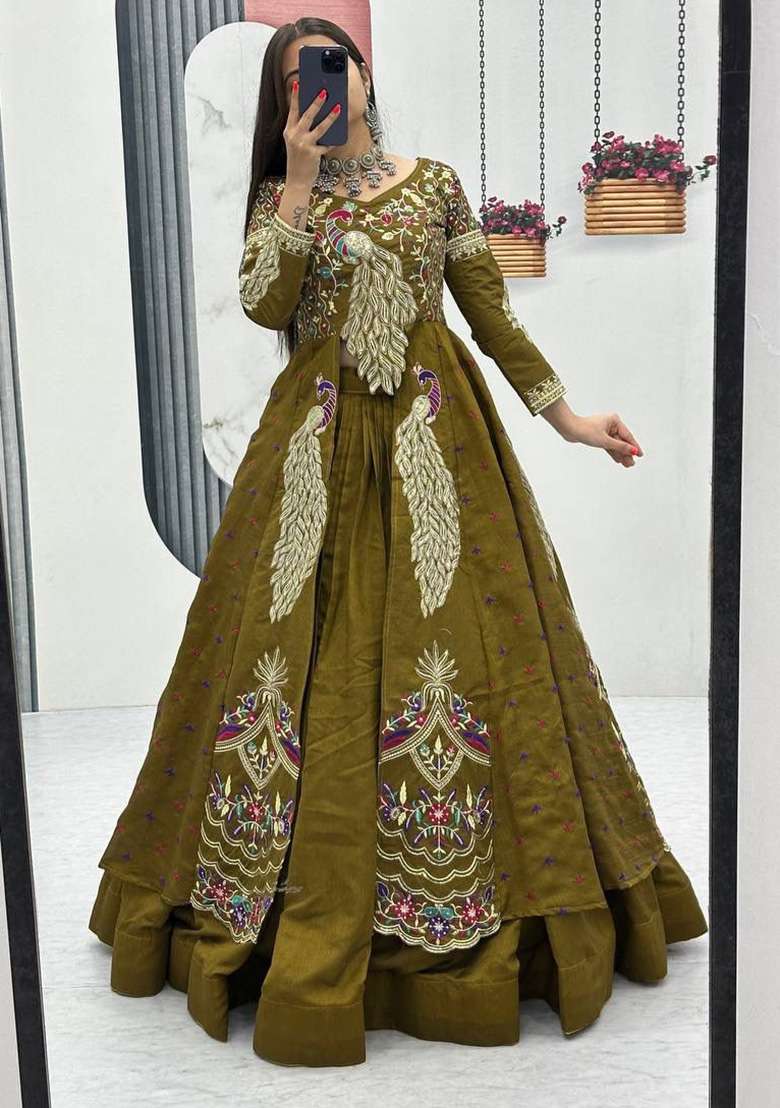 Mehendi Embroidery Silk Blend Lehenga Set for Diwali and Festive Wear - Indya