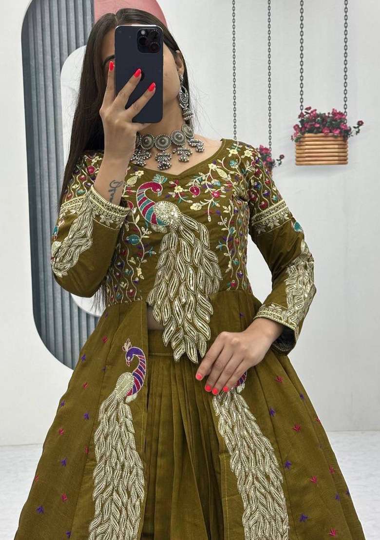Mehendi Embroidery Silk Blend Lehenga Set for Diwali and Festive Wear - Indya