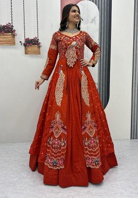 Orange Embroidery Silk Lehenga Set