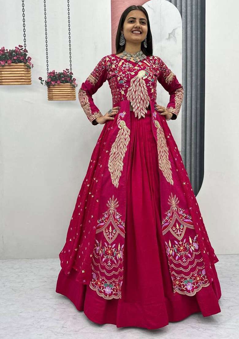 Red Embroidery Silk Blend Lehenga Set for Diwali and Festive Wear - Indya