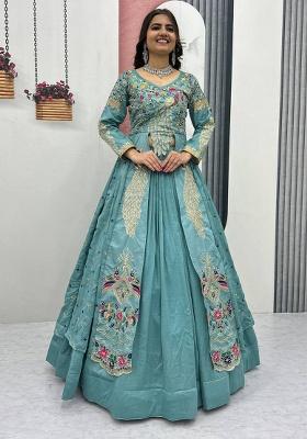 Sky Blue Embroidery Silk Lehenga Set