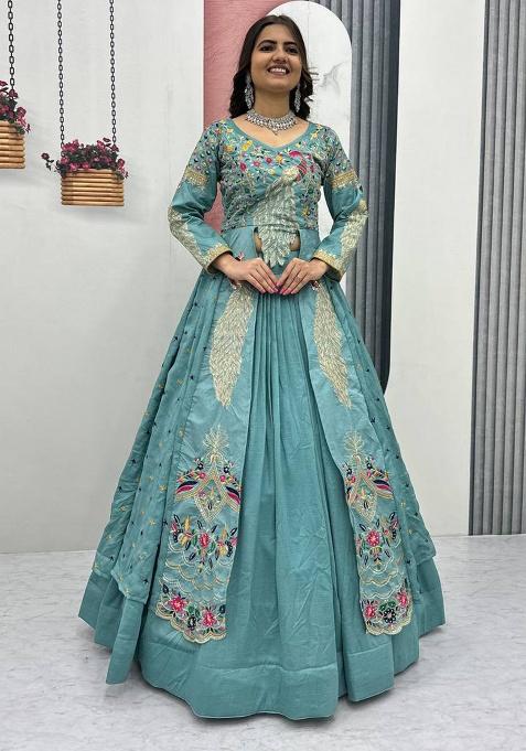 Sky Blue Embroidery Silk Lehenga Set