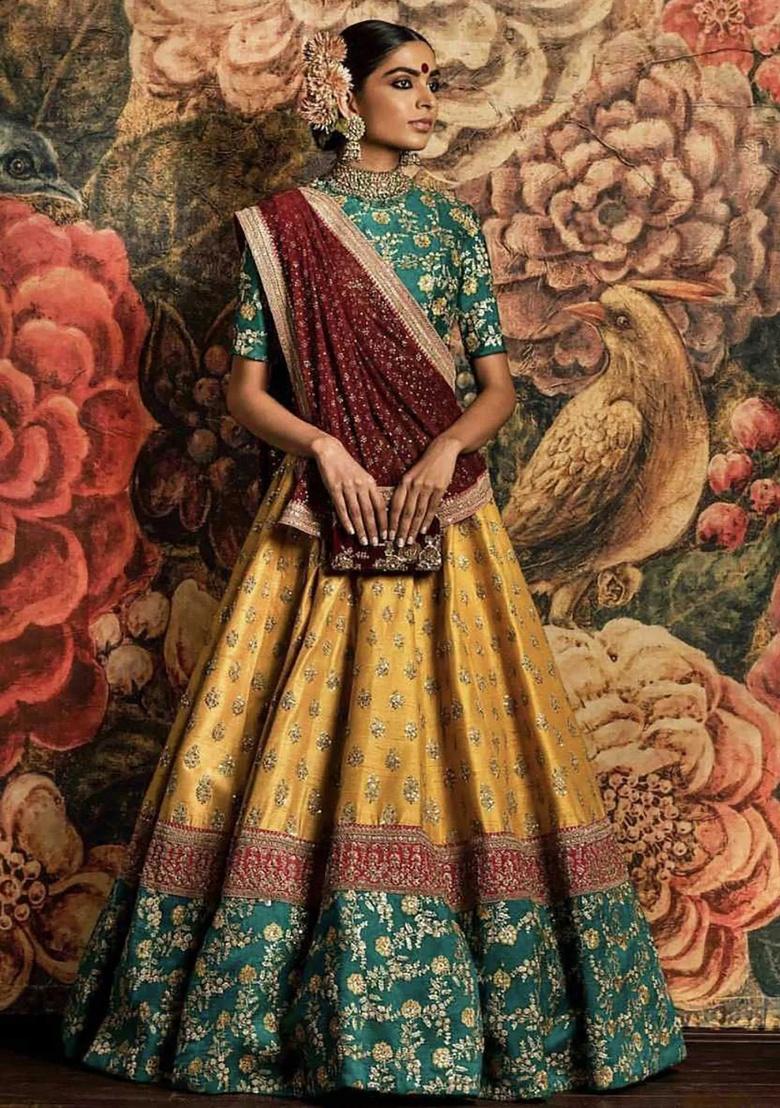 Yellow Embroidered Silk Lehenga Set - Indya