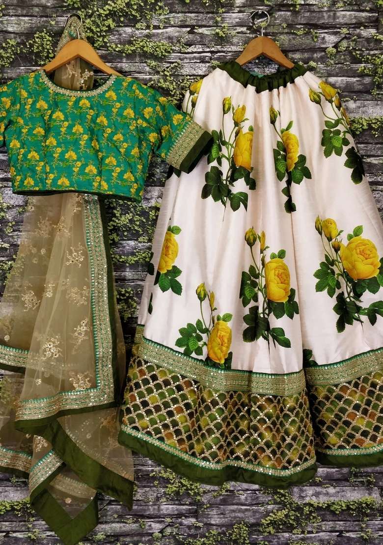 Off White Embroidered Silk Blend Lehenga Set for Diwali and Festive Wear - Indya