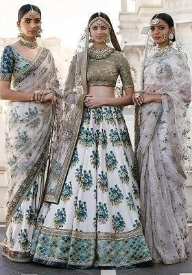 Off White Embroidered Silk Lehenga Set