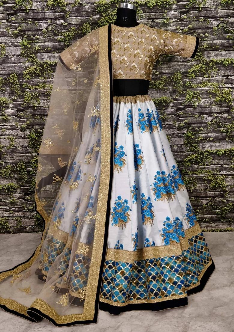 Off White Embroidered Silk Lehenga Set - Indya