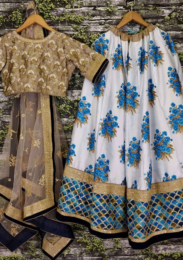 Off White Silk Blend Lehenga Set with Embroidered for Diwali | Wedding & Festive Wear - Indya