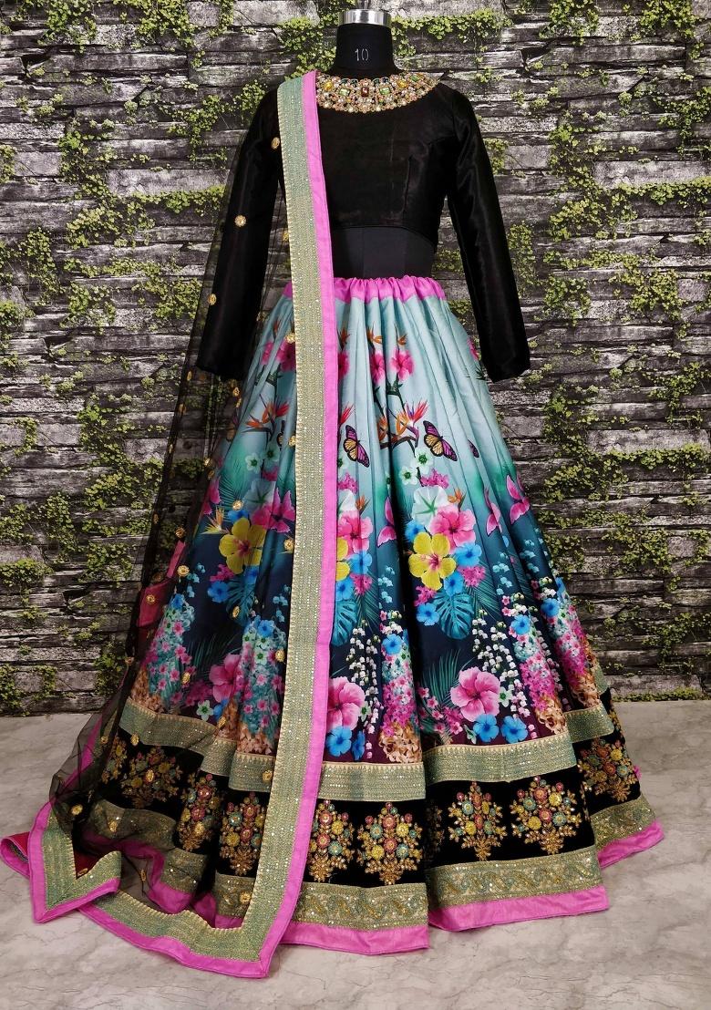 Blue Embroidered Silk Lehenga Set - Indya