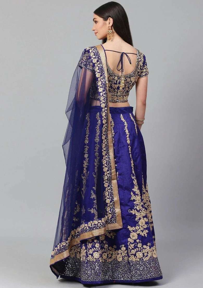 Navy Blue Silk Blend Lehenga Set with Embroidered for Diwali | Wedding & Festive Wear - Indya