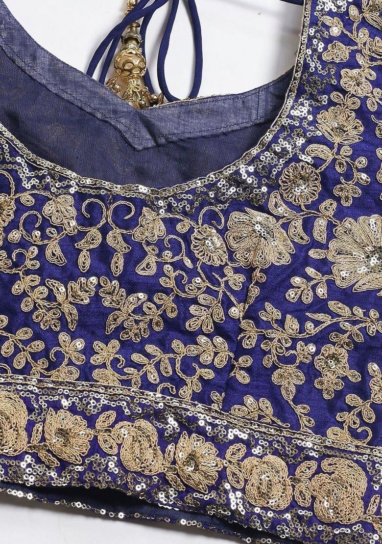 Navy Blue Embroidered Silk Lehenga Set - Indya