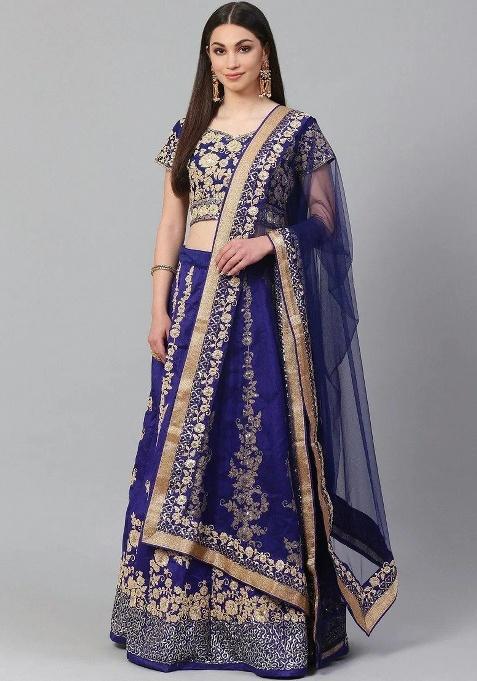Navy Blue Embroidered Silk Lehenga Set