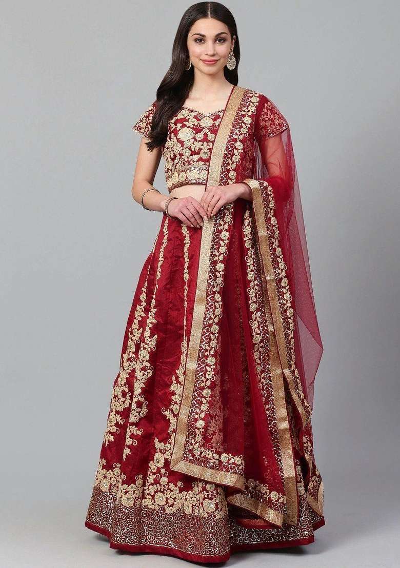 Maroon Silk Blend Lehenga Set with Embroidered for Diwali | Wedding & Festive Wear - Indya