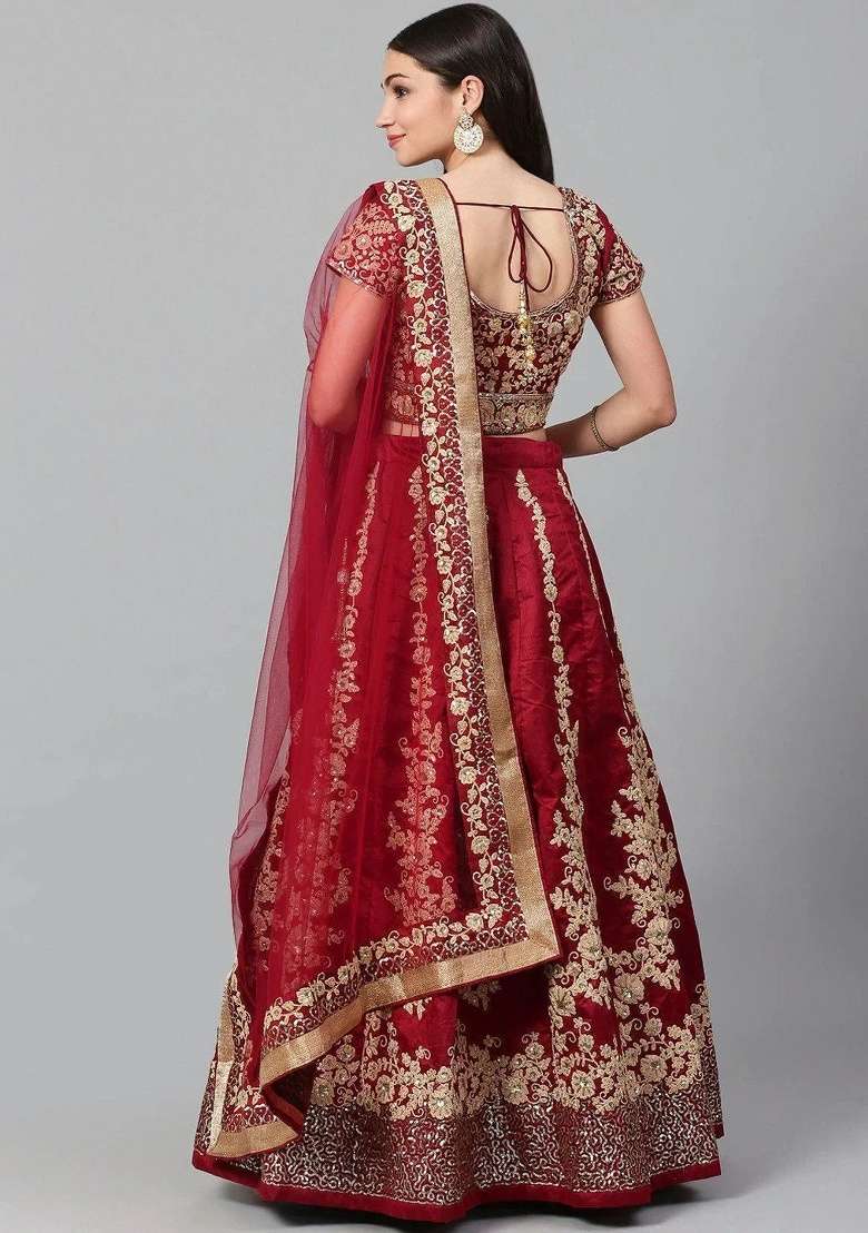 Maroon Silk Blend Lehenga Set with Embroidered for Diwali | Wedding & Festive Wear - Indya