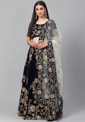 Navy Blue Embroidered Velvet Lehenga Set