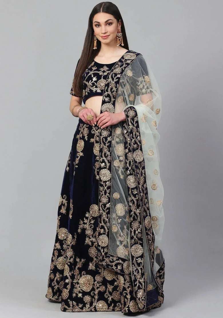 Navy Blue Embroidered Velvet Lehenga Set for Diwali and Festive Wear - Indya