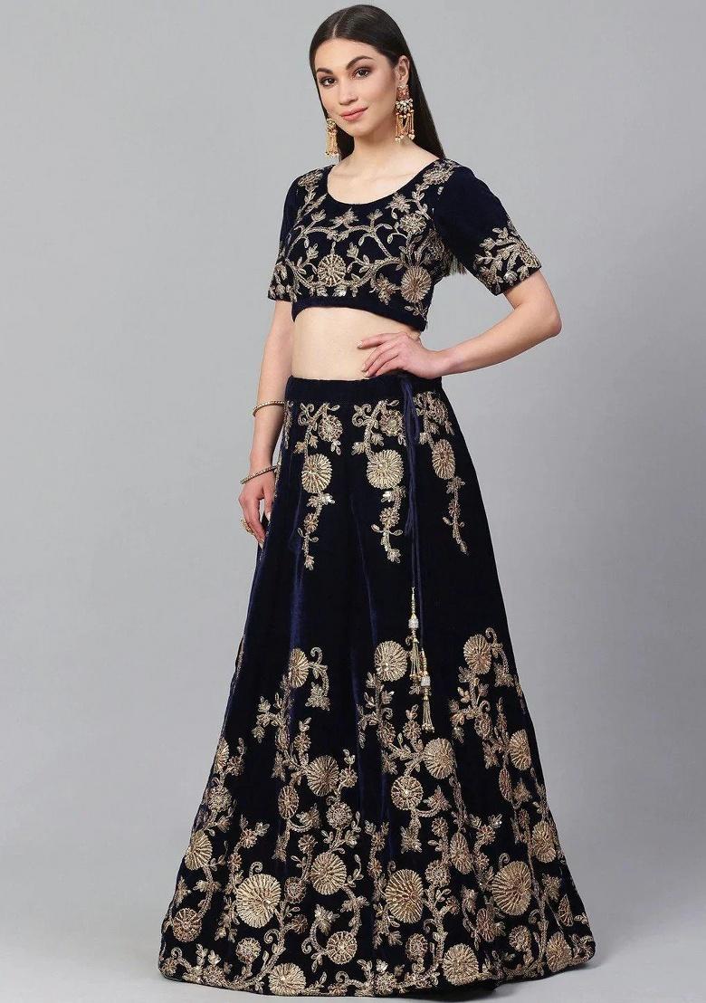 Navy Blue Embroidered Velvet Lehenga Set - Indya