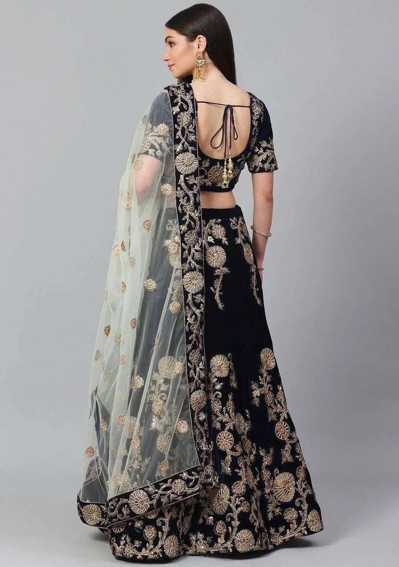 Navy Blue Embroidered Velvet Lehenga Set for Diwali and Festive Wear - Indya