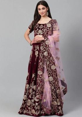 Purple Embroidered Velvet Lehenga Set