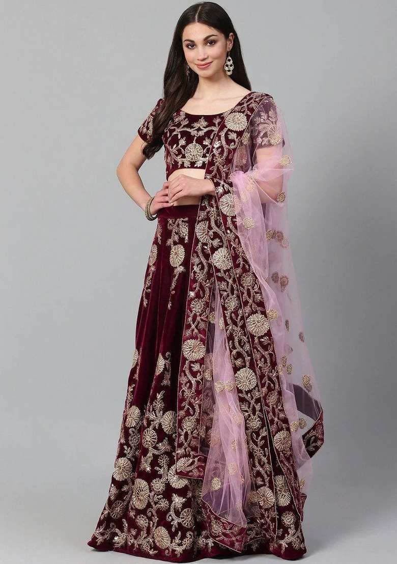 Purple Velvet Lehenga Set with Embroidered for Diwali | Wedding & Festive Wear - Indya