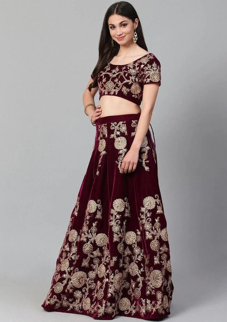Purple Embroidered Velvet Lehenga Set - Indya