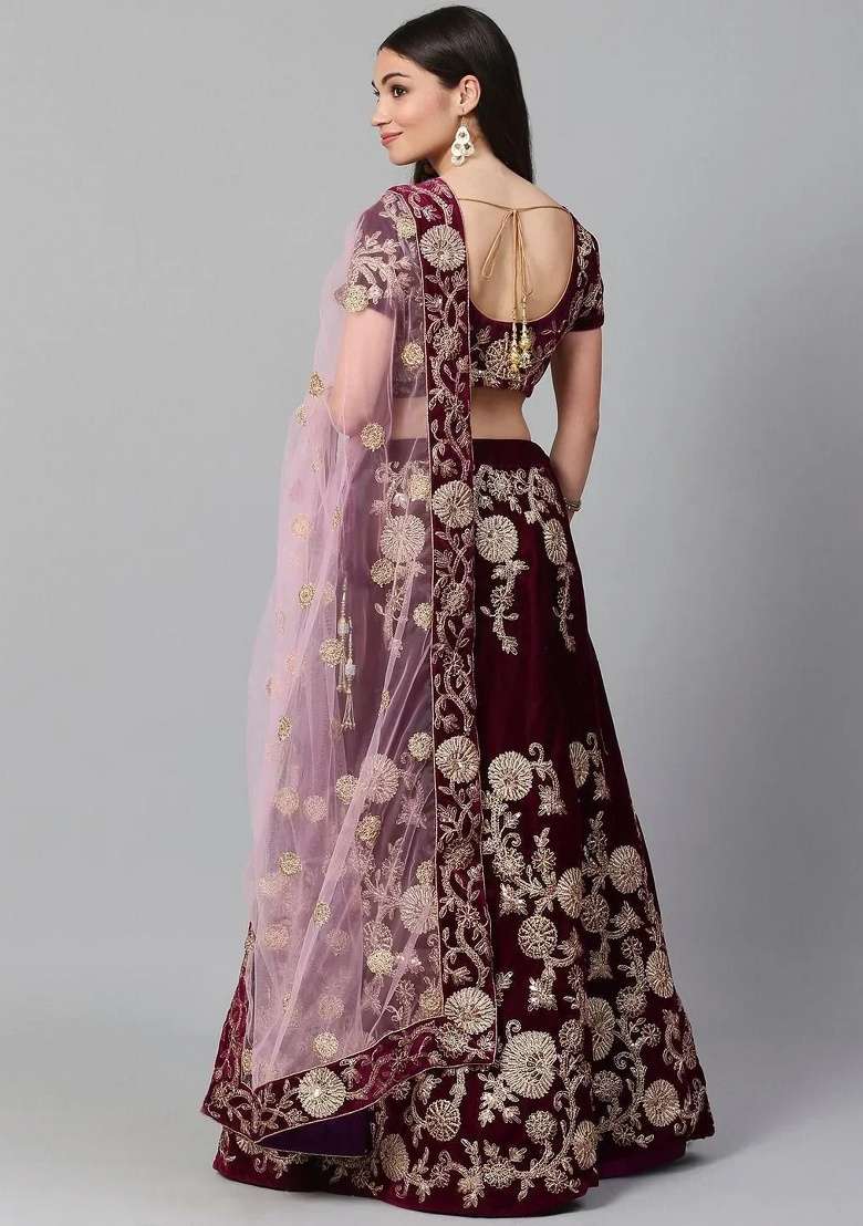 Purple Velvet Lehenga Set with Embroidered for Diwali | Wedding & Festive Wear - Indya