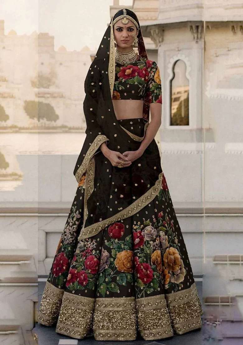 Black Embroidered Silk Blend Lehenga Set for Diwali and Festive Wear - Indya
