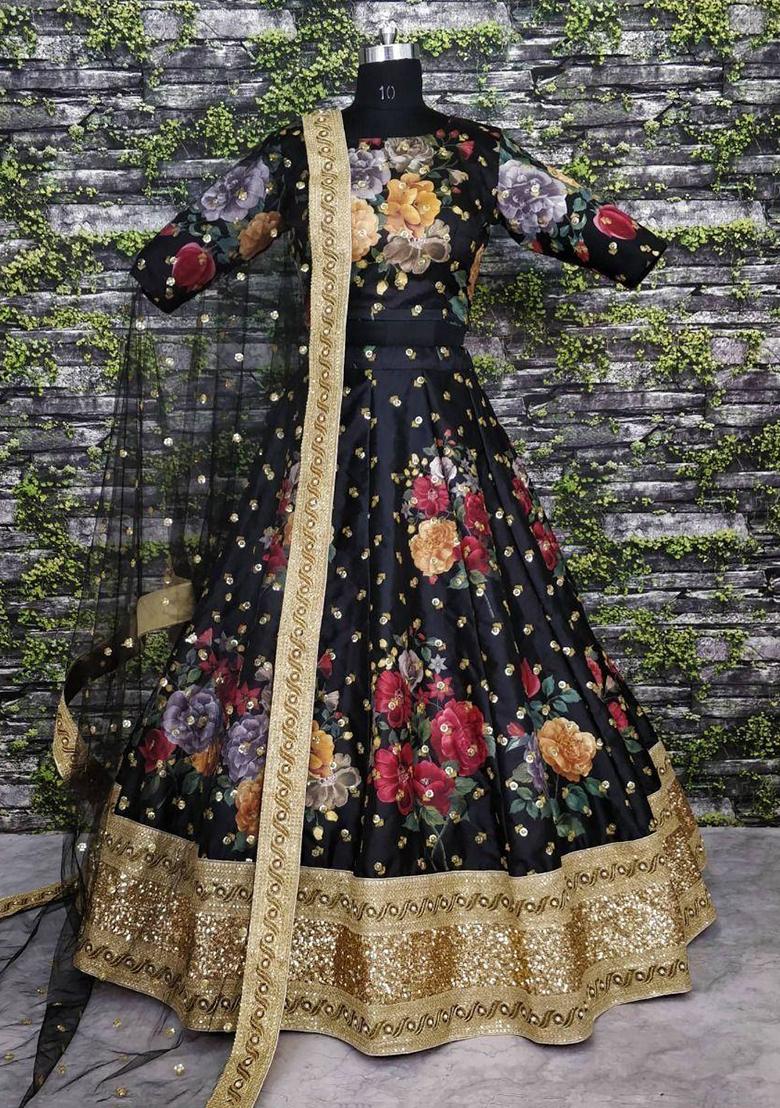 Black Embroidered Silk Lehenga Set - Indya