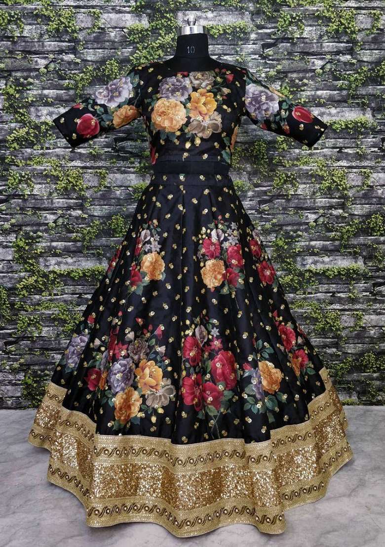 Black Embroidered Silk Blend Lehenga Set for Diwali and Festive Wear - Indya
