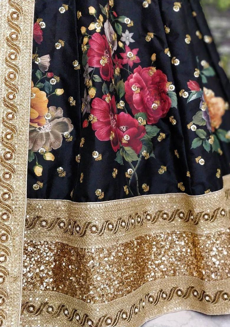 Black Embroidered Silk Lehenga Set - Indya